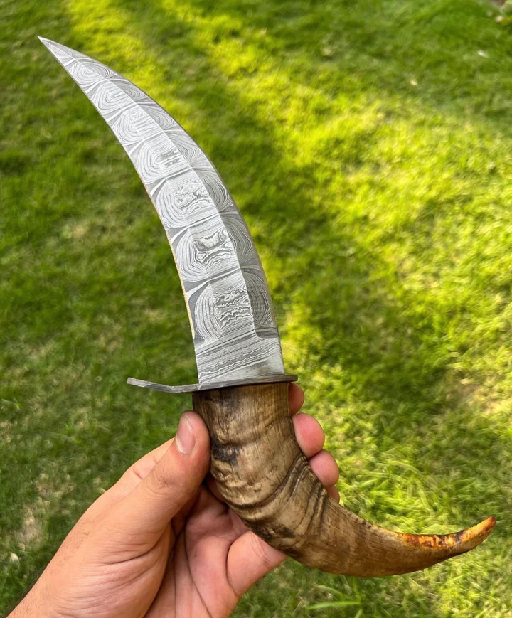CUSTOM MADE DAMASCUS STEEL TRAILING POINT BLADE BOWIE - Image 1
